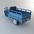 Blue Cargo Tricycle with Open Truck Bed Black Seats and Front Headlight
