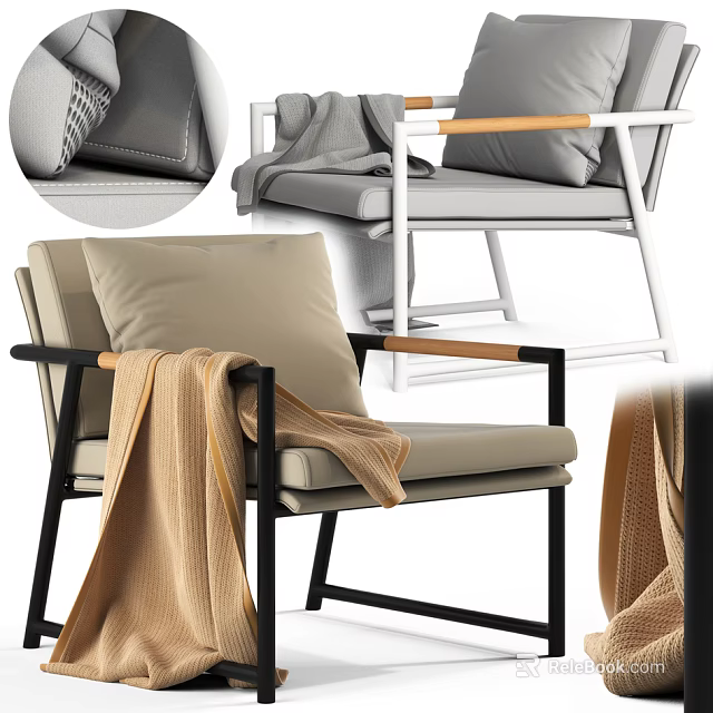Comfortable Modern Armchair With Soft Pillows Cozy Throw Blanket And Wooden Armrests 3d model 