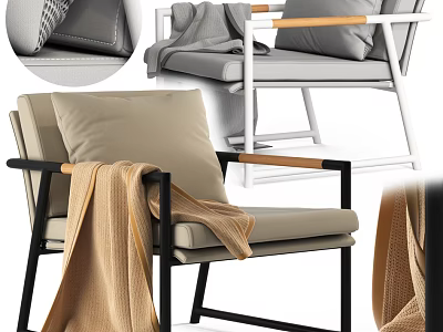 Comfortable Modern Armchair With Soft Pillows Cozy Throw Blanket And Wooden Armrests 3d model