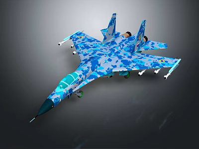 Blue And White Camouflage Military Fighter Jet With Aerodynamic Design And Detailed Features 3d model