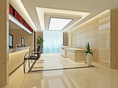 Modern Service Hall Interior With Reception Desk Waiting Seats And Bright Lighting Design 3d model