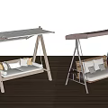 Outdoor Wooden Swing Chairs With White And Beige Canopies And Cushioned Seats