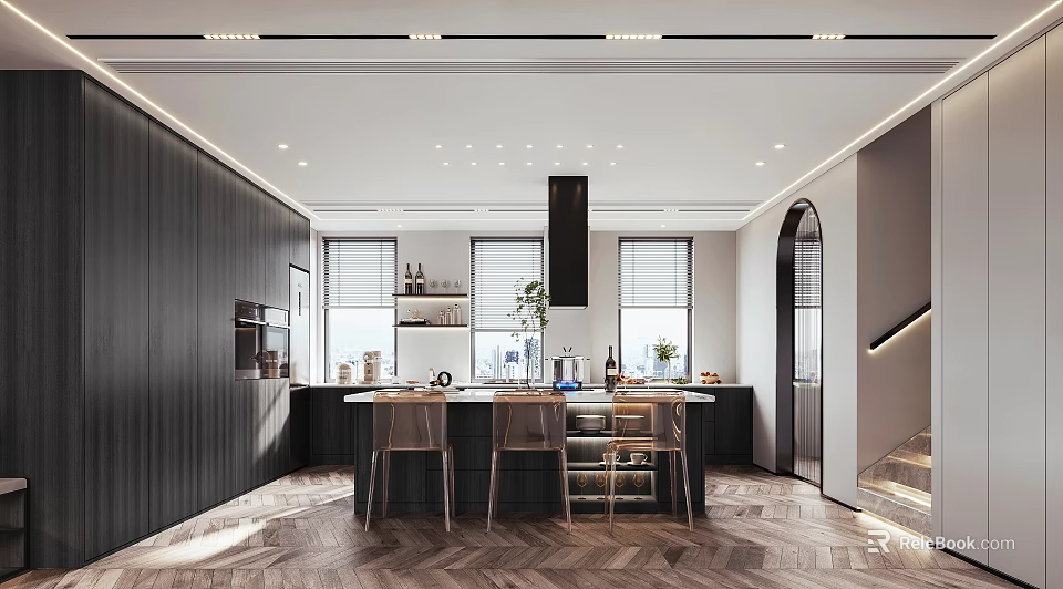 Modern Restaurant Interior Design With Open Kitchen And Island Counter Seating 3d model