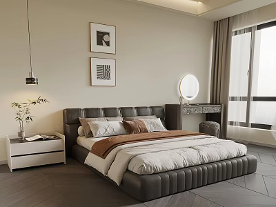 Modern Bedroom Interior with Gray Upholstered Headboard White Brown Bedding Wall Art and Window Curtains 3d model