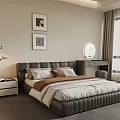 Modern Bedroom Interior with Gray Upholstered Headboard White Brown Bedding Wall Art and Window Curtains