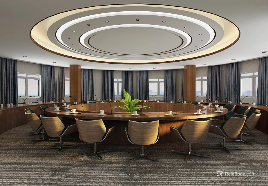 Modern Conference Room With Round Table Brown Chairs Circular Ceiling Light And Green Plant 3d model 