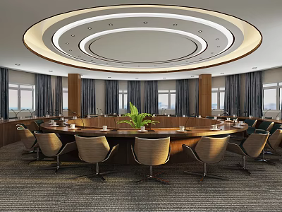Modern Conference Room With Round Table Brown Chairs Circular Ceiling Light And Green Plant 3d model
