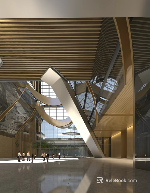 Modern Front Desk Reception Area With Wooden Ceiling And Glass Curved Elements Design 3d model 