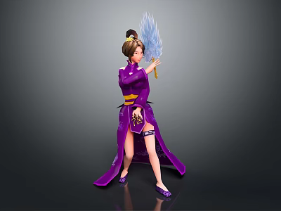 Game Movie Character In Purple Kimono Holding Blue Transparent Sword Traditional Updo Hairstyle 3d model