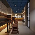 Japanese Restaurant Interior With Bar Counter Stools Food Display And Wooden Lighting