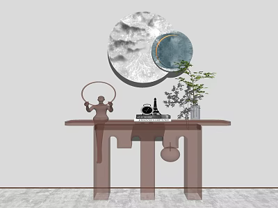 Elegant Console Table Featuring Circular Cloud Mirror Ring Decor Green Plant And Books 3d model