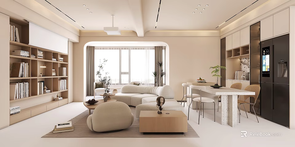 Modern Living And Dining Area With Light Sofa Coffee Table Dining Set And Bookshelves 3d model 
