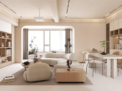 Modern Living And Dining Area With Light Sofa Coffee Table Dining Set And Bookshelves 3d model