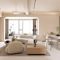 Modern Living And Dining Area With Light Sofa Coffee Table Dining Set And Bookshelves