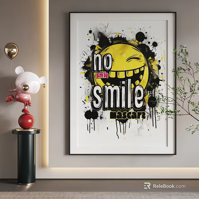 Abstract Painting With Yellow Smiley Face Black Splatters And No Smile Text 3d model 