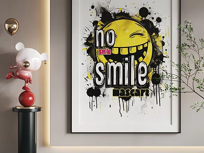 Abstract Painting With Yellow Smiley Face Black Splatters And No Smile Text 3d model