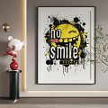 Abstract Painting With Yellow Smiley Face Black Splatters And No Smile Text
