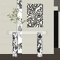 Modern Interior Console Table with Marble Columns Vase Greenery and Abstract Painting 3d model