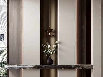 Modern Foyer Hallway With Striped Walls Marble Console Pendant Light And Floral Decor 3d model