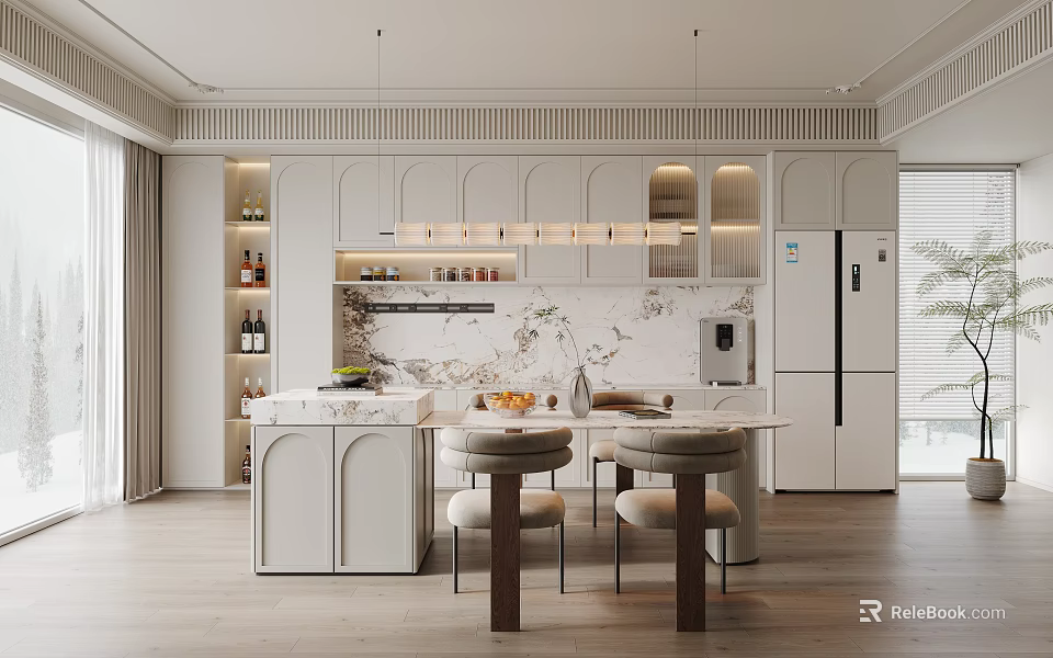 Modern Restaurant Kitchen Open Design Interior With White Cabinets Marble Countertops And Stools 3d model