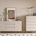 Modern Console And Side Cabinet With Beige Wall Framed Art Plants And Drawers