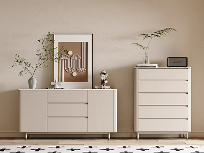 Modern Console And Side Cabinet With Beige Wall Framed Art Plants And Drawers 3d model