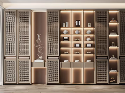 Elegant Chinese Style Decorative Cabinet Featuring Lattice Design Built In Lighting And Displayed Ornaments 3d model