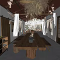 Rustic Restaurant Interior Featuring Wooden Long Table Log Stools Straw Chandelier And White Curtains