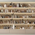 Elegant Perfumes and Cosmetics Display Shelves with Various Bottles Jars and Beauty Products