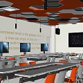 School Classroom Interior Design Featuring Geometric Orange Gray Ceiling Tables Chairs And Large Screen 3d model