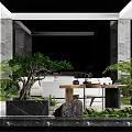 Karesansui Japanese Dry Landscape With Circular Seating Stone Pathway And Raked Sand