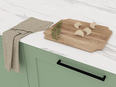 Fresh Dumplings on Wooden Cutting Board with Decorative Leaf and Checkered Cloth in Kitchen 3d model