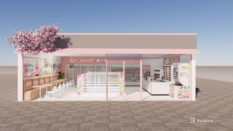 Pink Exterior Supermarket with Cherry Blossom Tree White Tables Chairs and Window Product 3d model 