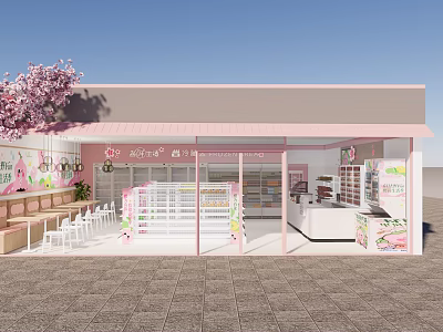 Pink Exterior Supermarket with Cherry Blossom Tree White Tables Chairs and Window Product 3d model