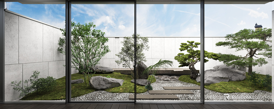 Outdoor Garden Landscape With Glass Doors Green Trees Rocks Grass White Wall And Blue Sky 3d model 