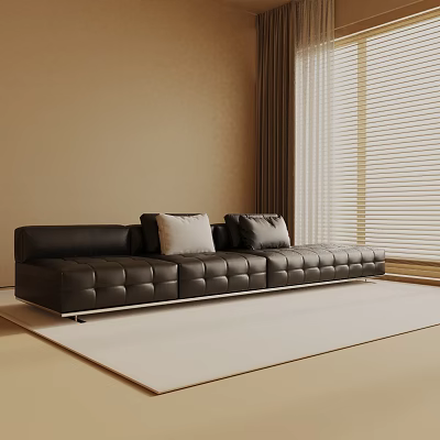 Black Leather Three-Seater Sofa with Light and Dark Pillows on Beige Rug by Window Blinds 3d model