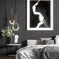 Modern Bedroom Interior Design With Striped Walls Black White Portrait And Chandelier