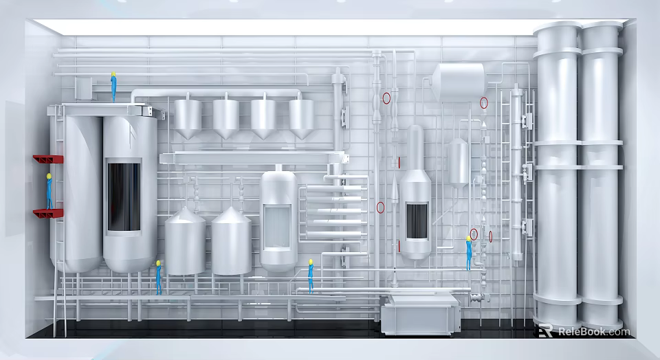 Industrial Silver Metal Pipe System With Storage Tanks Valves And White Wall Structure 3d model 