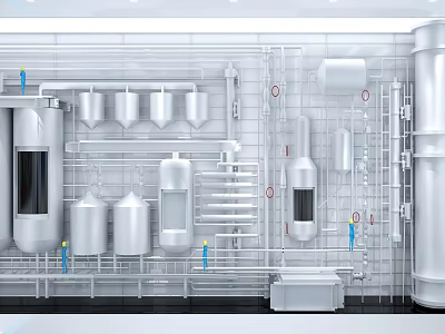 Industrial Silver Metal Pipe System With Storage Tanks Valves And White Wall Structure 3d model