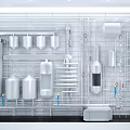 Industrial Silver Metal Pipe System With Storage Tanks Valves And White Wall Structure