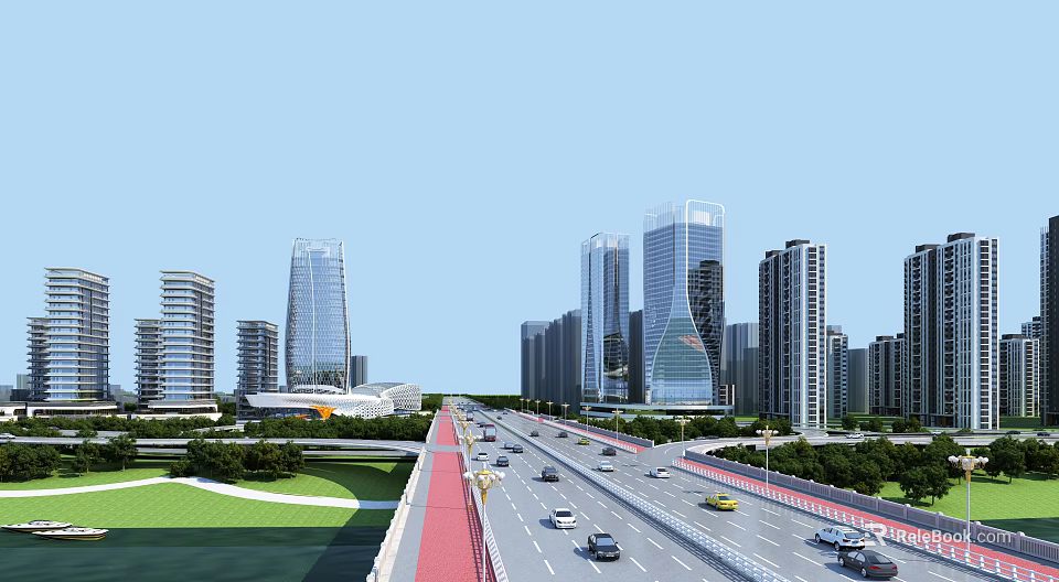Tall Modern Office Buildings In Urban Skyline With Wide Road Cars And Greenery 3d model 