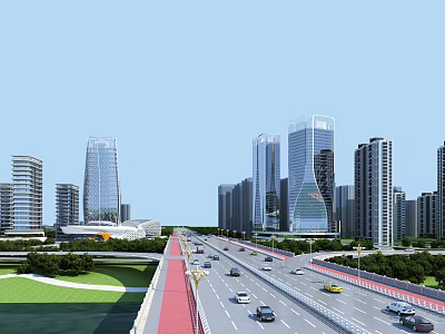 Tall Modern Office Buildings In Urban Skyline With Wide Road Cars And Greenery 3d model
