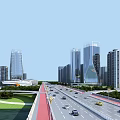 Tall Modern Office Buildings In Urban Skyline With Wide Road Cars And Greenery