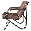 Modern Single Sofa With Brown Leather Upholstery Square Tufted Back And Metal Frame Armrests