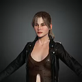 Woman Wearing Black Leather Jacket Brown Vest Black Shorts And Brown Boots With Arms Outstretched
