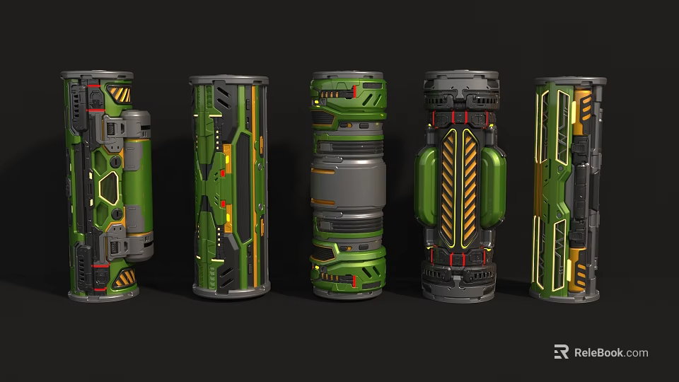 Cylindrical Industrial Equipment With Green Grey Bodies Yellow Red Details And Mechanical Lines 3d model 