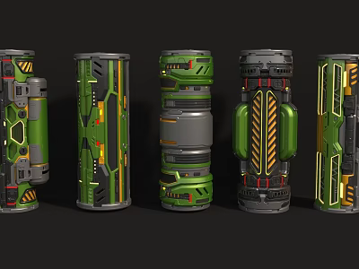 Cylindrical Industrial Equipment With Green Grey Bodies Yellow Red Details And Mechanical Lines 3d model