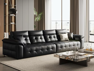 Luxury Black Leather Sectional Sofa With Tufted Design In Living Room With Marble Coffee Table 3d model