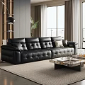 Luxury Black Leather Sectional Sofa With Tufted Design In Living Room With Marble Coffee Table