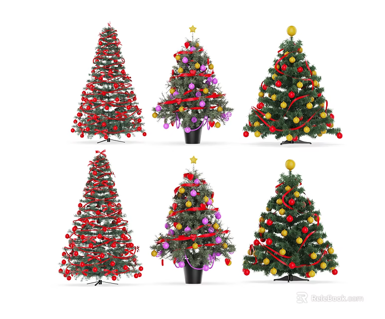 Decorated Christmas Trees With Various Color Stars Baubles Ribbons And Bases 3d model 